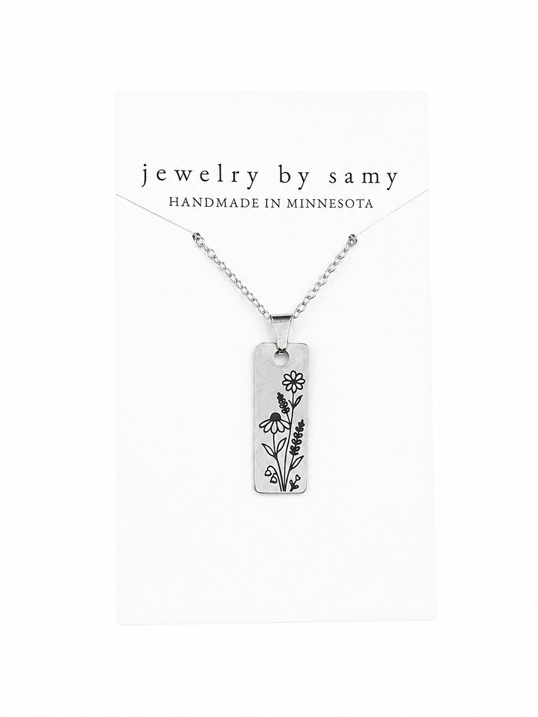 Engraved Wildflower Rectangle Necklace