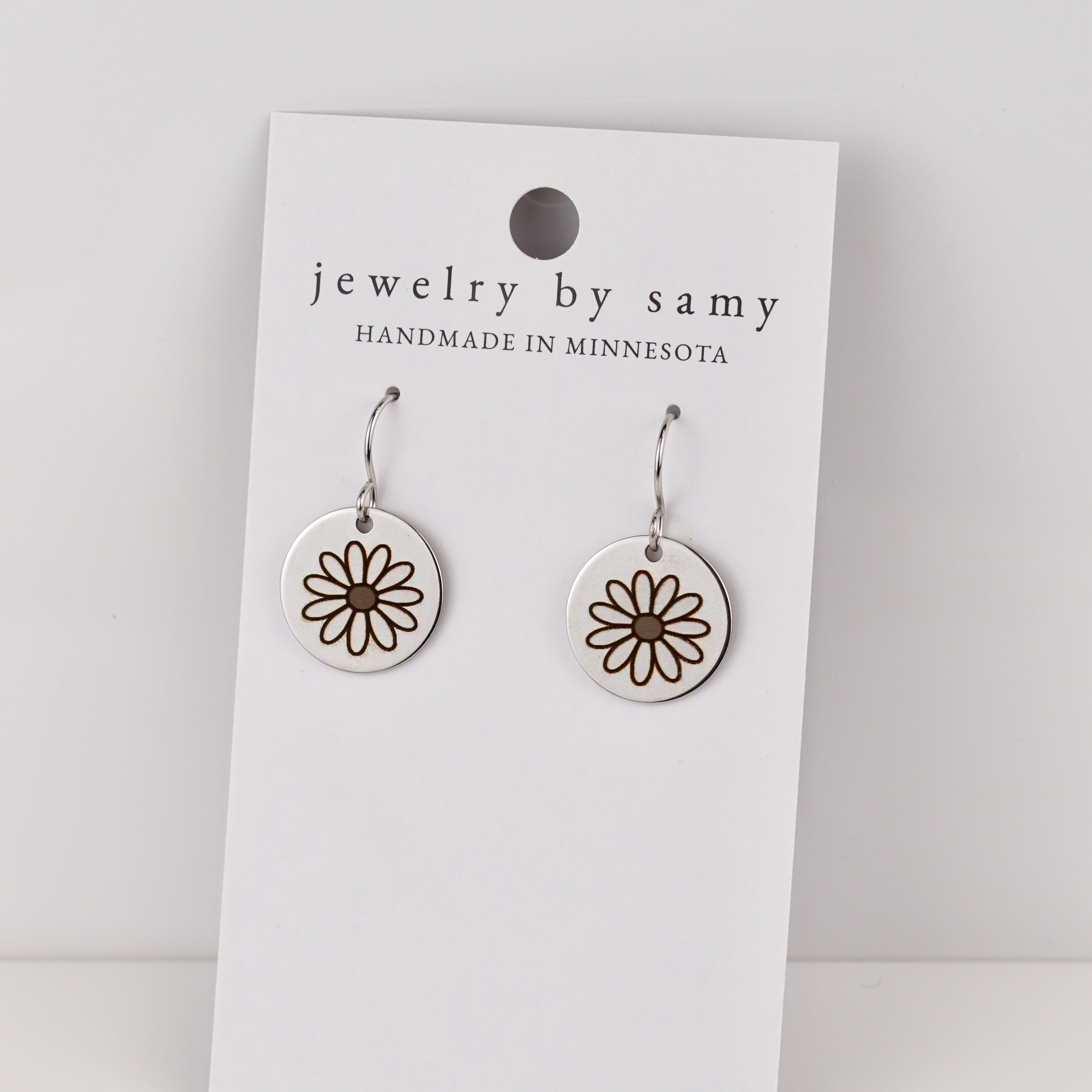 Engraved Daisy Disc Earrings