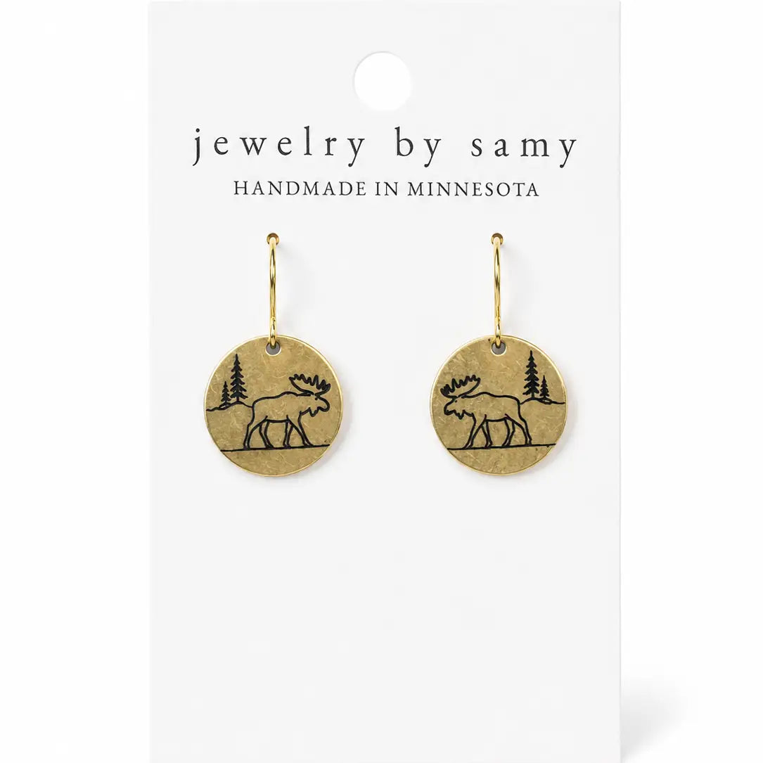 Engraved Moose with Tree Earrings