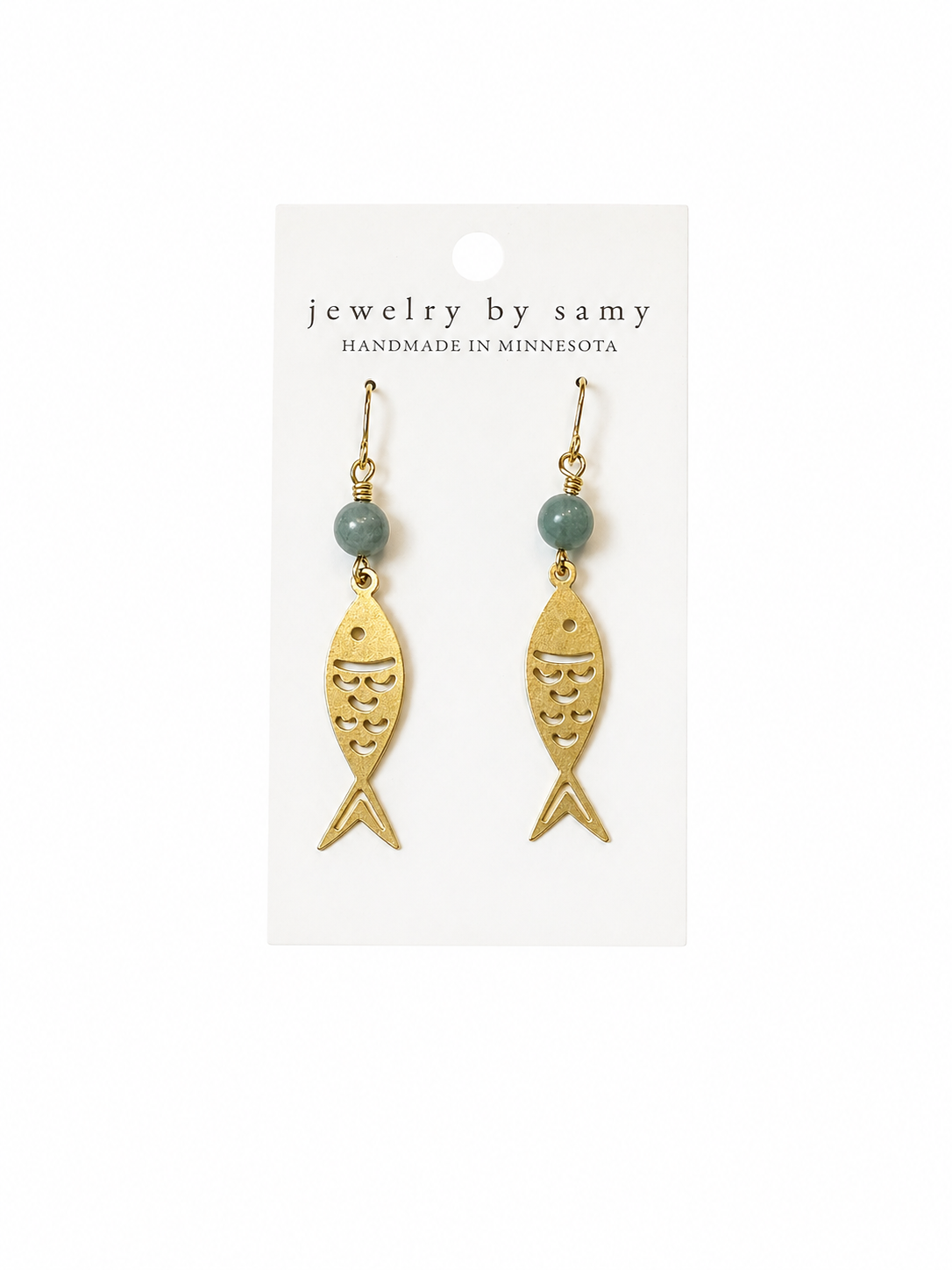 Gold Fish Dangle Earrings with Stone Bead – Lake Jewelry