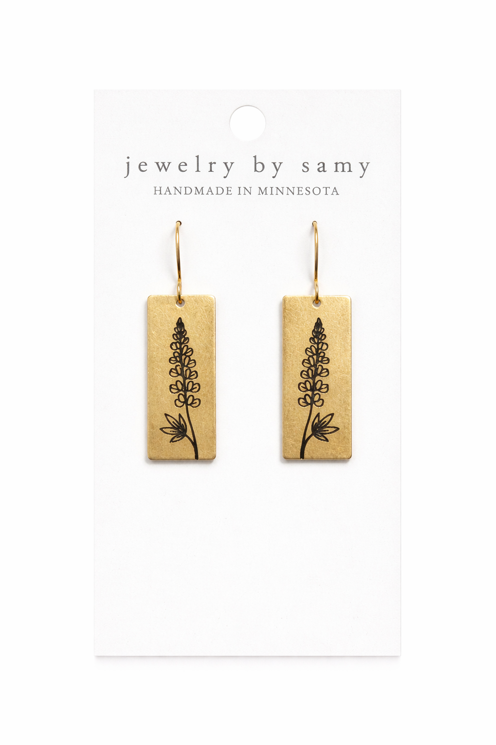 Lupine Wildflower Engraved Rectangle Drop Earrings