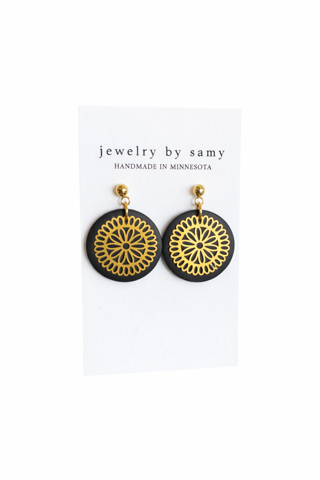 Polymer Clay Mandala Stud Earrings – Black Floral Jewelry