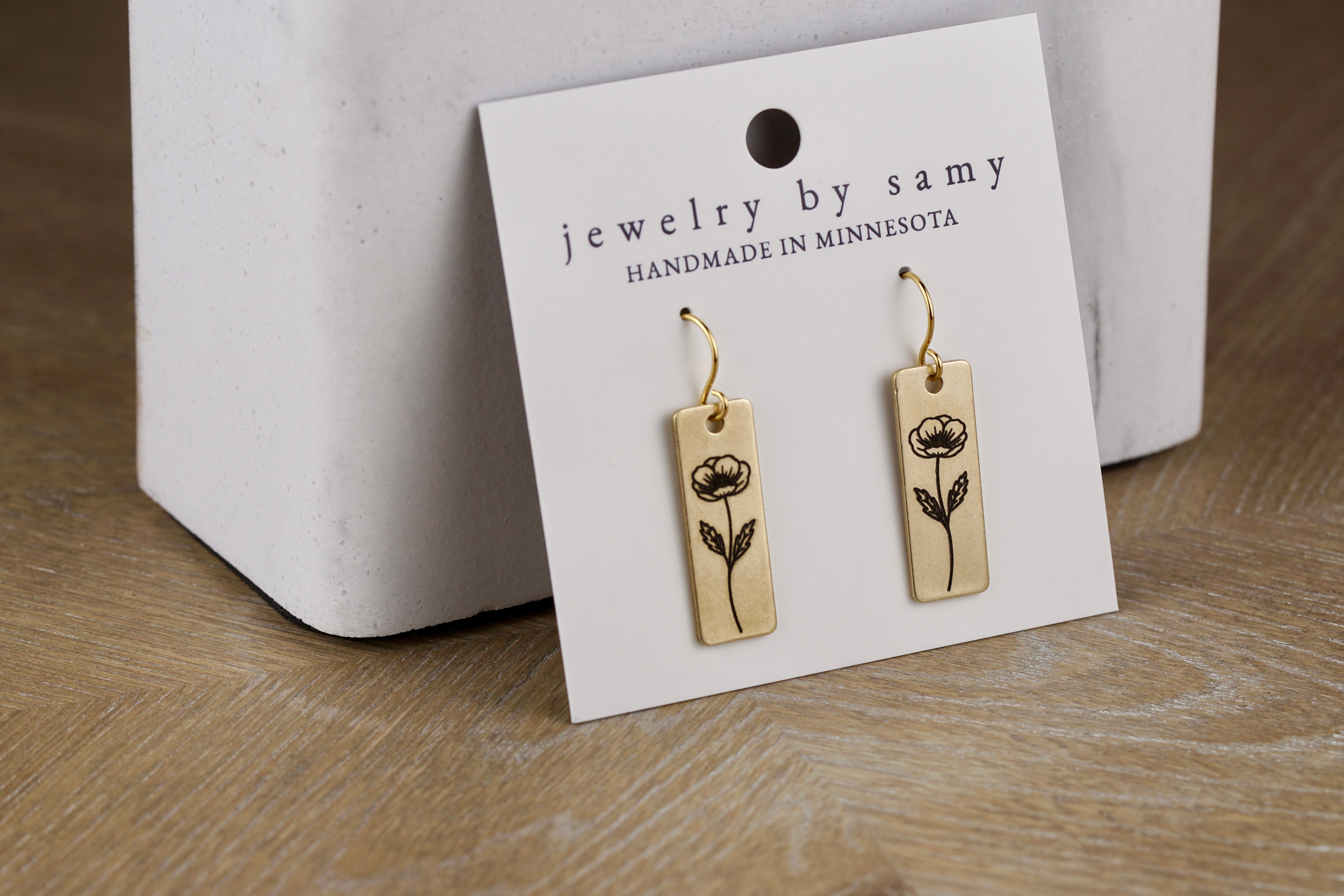 Engraved Poppy Rectangle Earrings