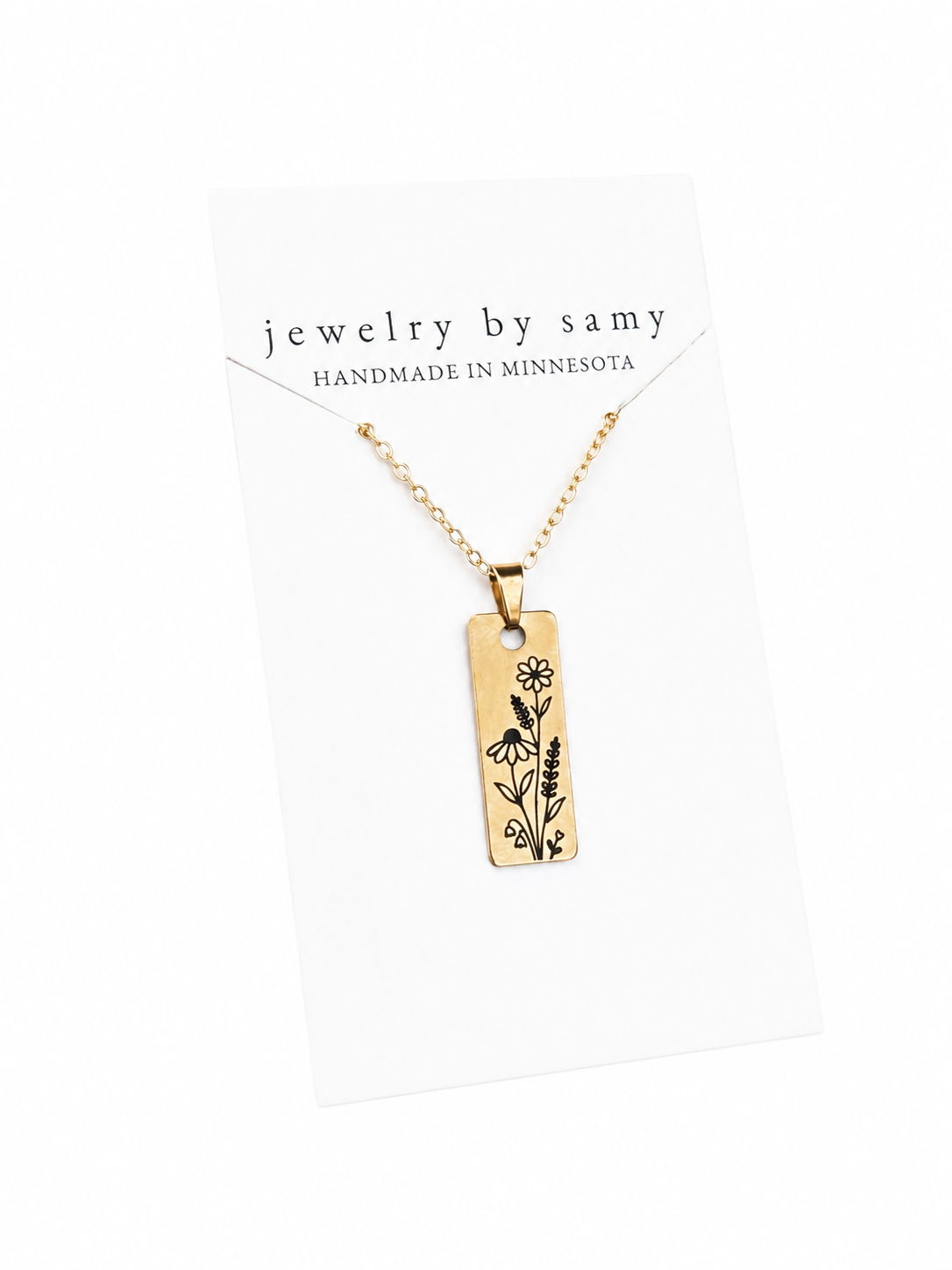 Engraved Wildflower Rectangle Necklace