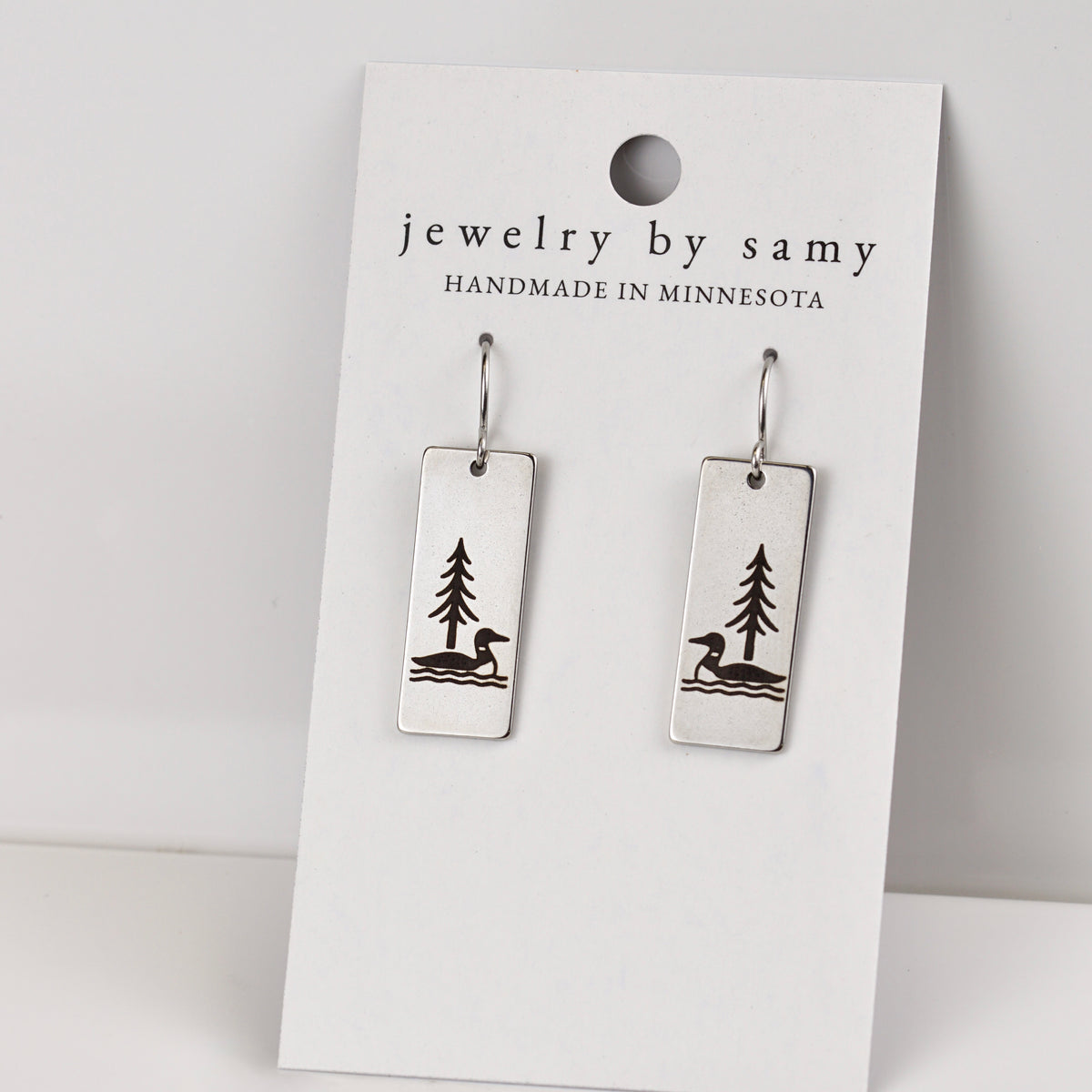 Engraved Loon Pine Tree Earrings