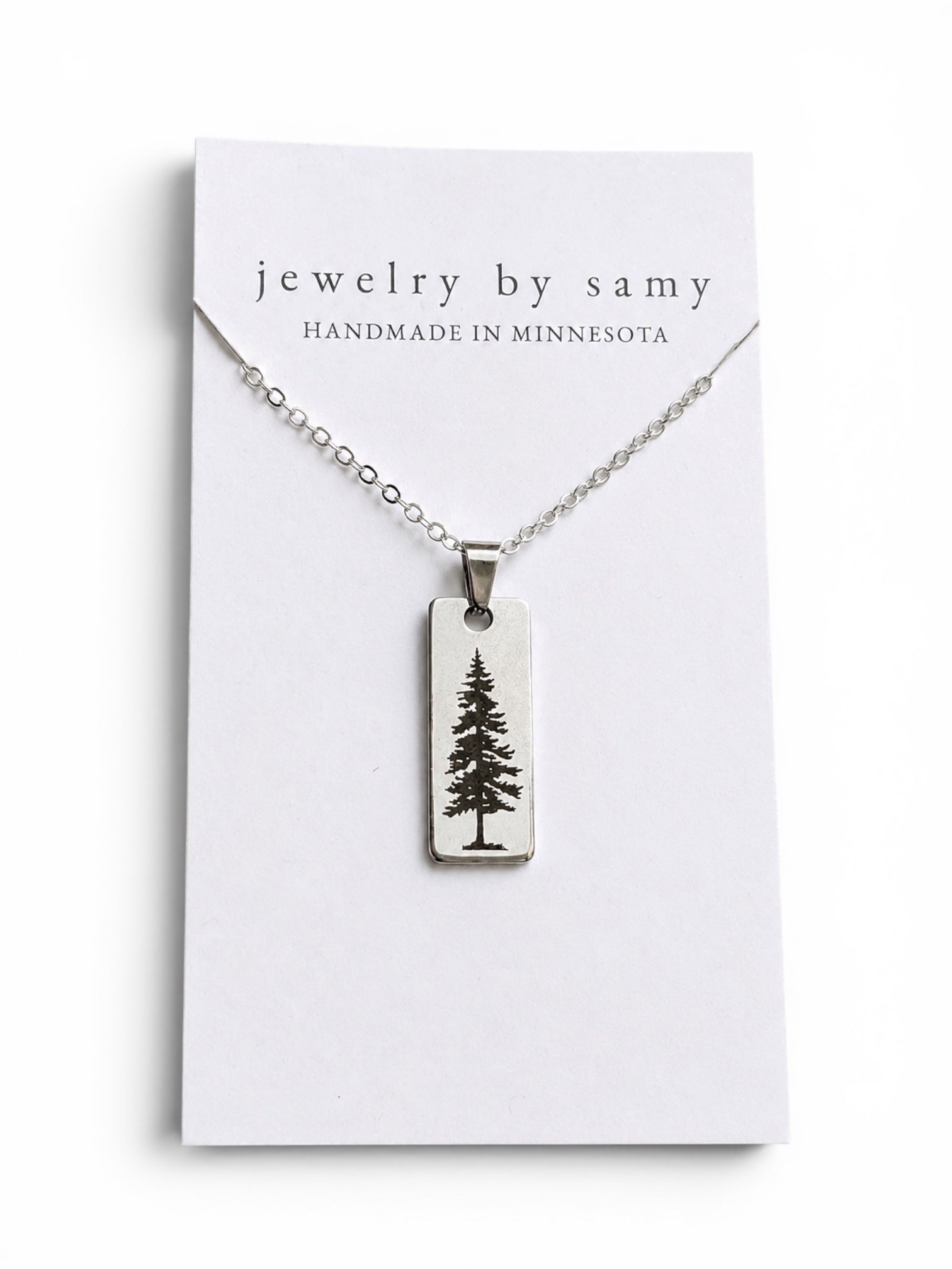 Engraved Pine Tree Necklace - Rectangle